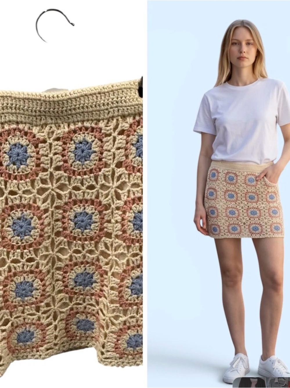 Cloud Ten Crochet Mini Skirt in Cream with Blue & Pink Accents in small NWT